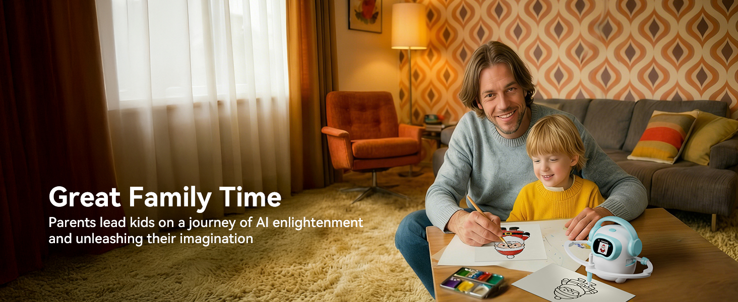A parent and child drawing together on paper with an iBeed AI drawing robot beside them
